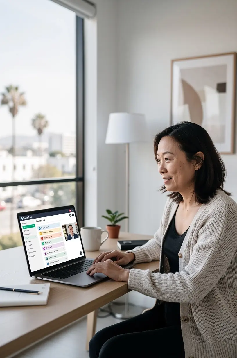 Hands typing on a keyboard with an overlay of simplified software interface icons.